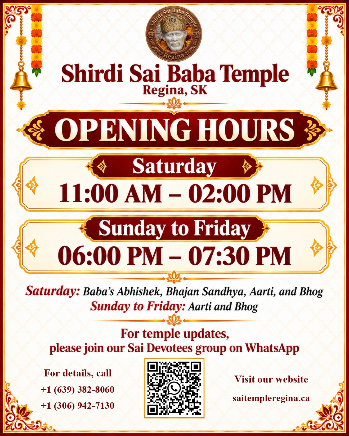 Shirdi Sai Baba Temple Regina opening hours and contact information